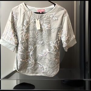 EVA FRANCO X Anthropologie X Mint Aqua Ligh Green Sequin Mesh Lace Floral Blouse